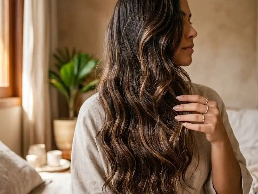 Close de fios de cabelo longos, brilhantes e saudáveis caindo naturalmente, luz natural suave de quarto brasileiro, simbolizando crescimento capilar real e possível.