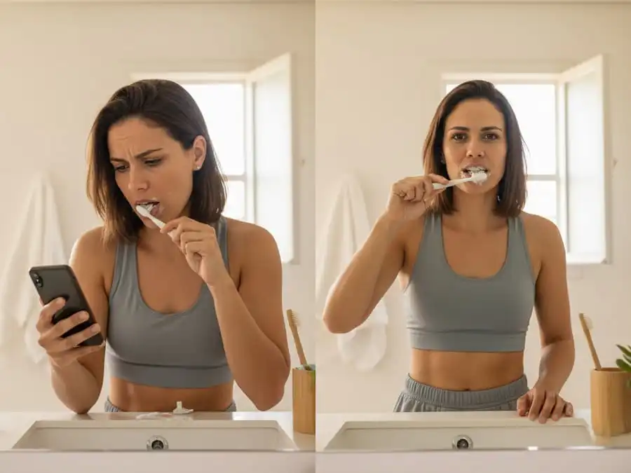 Comparação: escovação apressada e distraída vs escovação lenta e atenta no espelho, luz natural de banheiro, simbolizando diferença na prevenção de cáries.