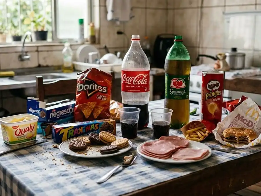 Mesa brasileira com ultraprocessados, refrigerante, biscoitos, salgadinhos e embutidos, luz natural suave, simbolizando os piores inimigos da saúde intestinal.
