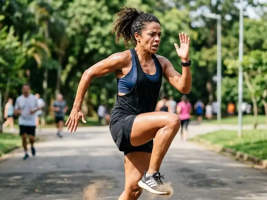 Pessoa em pico de HIIT (corrida no lugar ou burpee), suor e respiração acelerada, luz natural intensa de parque/sala brasileira, simbolizando o esforço que ativa o afterburn e EPOC.