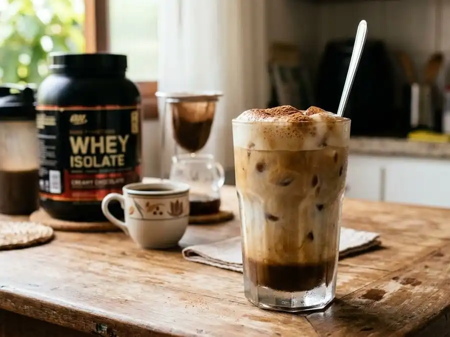 Copo alto de café proteico gelado cremoso com whey, gelo e cacau, cozinha brasileira com luz natural da manhã, simbolizando a febre das redes sociais e a dúvida sobre eficácia.