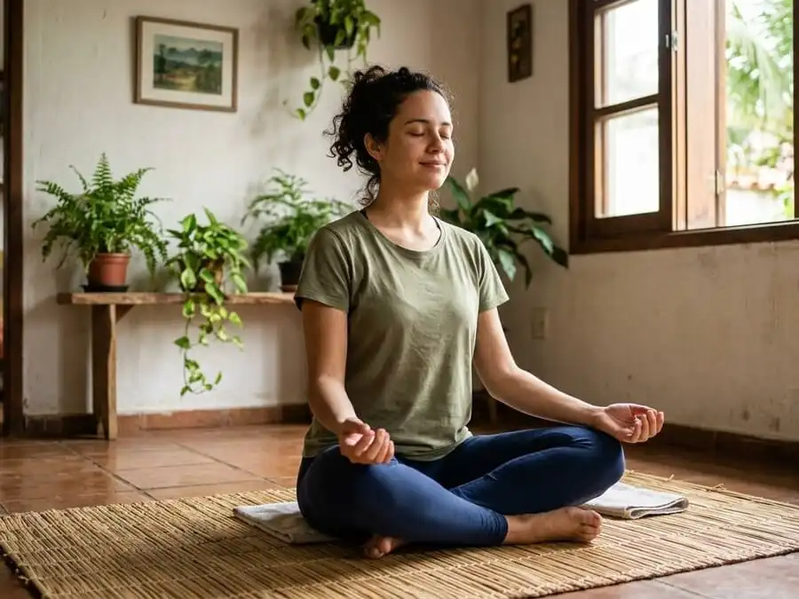 Pessoa sentada no chão de sala brasileira, olhos fechados, respirando profundamente com mãos no peito, luz natural suave pela janela, simbolizando reencontro gentil com o corpo e início da prática de yoga para iniciantes.