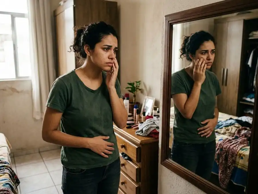 Mulher brasileira em frente ao espelho olhando reflexo com expressão pensativa e triste, mão no rosto ou barriga, quarto simples com luz natural suave, simbolizando impacto silencioso dos comentários corporais na autoestima feminina.