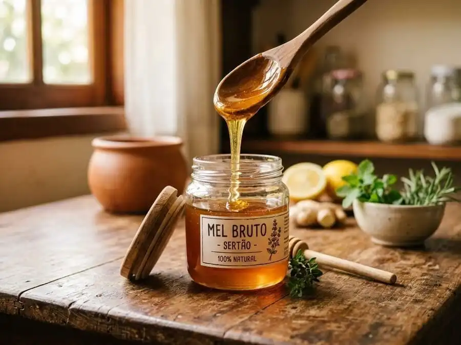 Pote de mel cru aberto com colher de madeira, gotas douradas brilhando, cozinha brasileira com luz natural suave, simbolizando alimento milenar e curativo.