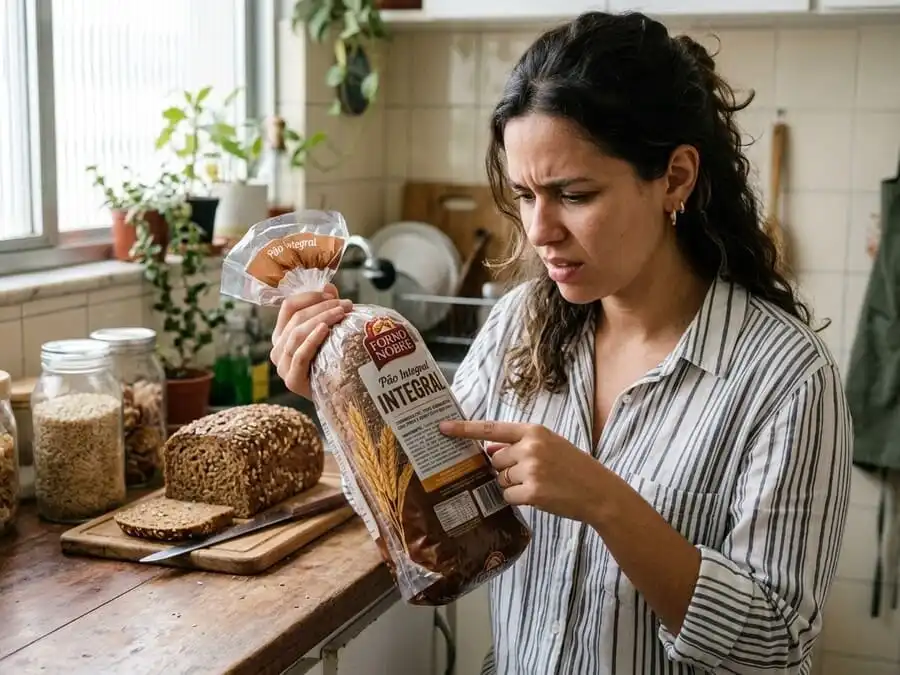 Pessoa na cozinha brasileira olhando rótulo de pão ‘integral’ com dúvida, farinha branca em primeiro lugar na lista, fundo com arroz integral e pão verdadeiro, luz natural suave, simbolizando engano comum dos produtos integrais industrializados.