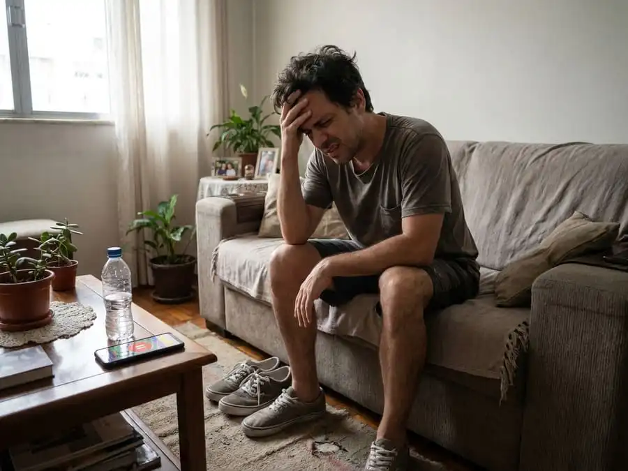 Pessoa com ressaca sentada na cama, olhando para tênis, expressão de dúvida, simbolizando decisão sobre treinar ou descansar.