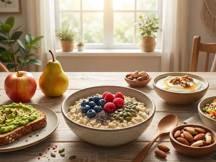 Mesa com alimentos saciantes como aveia, abacate, frutas, iogurte e castanhas, luz natural de cozinha, simbolizando controle natural do apetite.