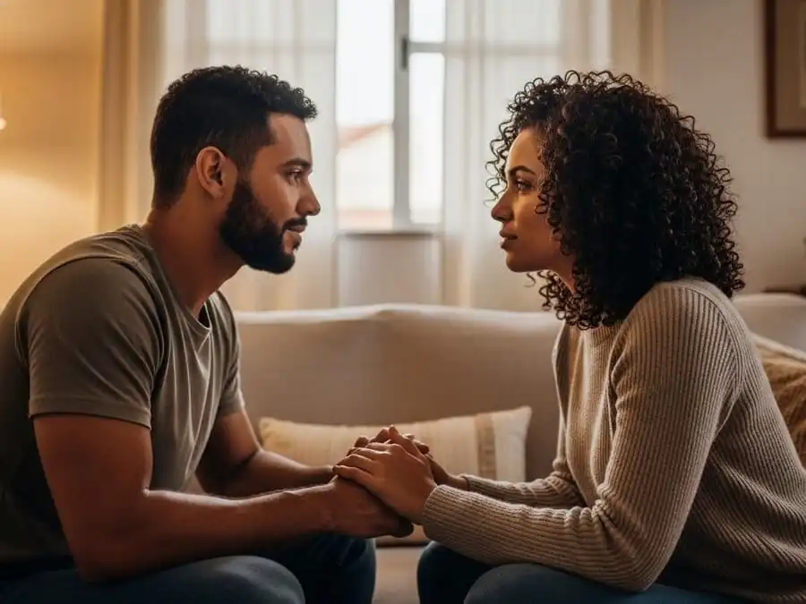 Casal em momento de conexão emocional intensa, olhando nos olhos com empatia, luz natural suave de varanda brasileira, simbolizando amor percebido e presença genuína.