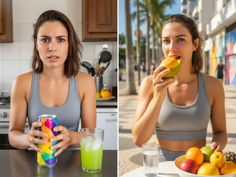 Comparação: lata de energético com pessoa agitada e cansada vs água e fruta com expressão saudável, luz natural intensa, simbolizando riscos das bebidas energéticas.