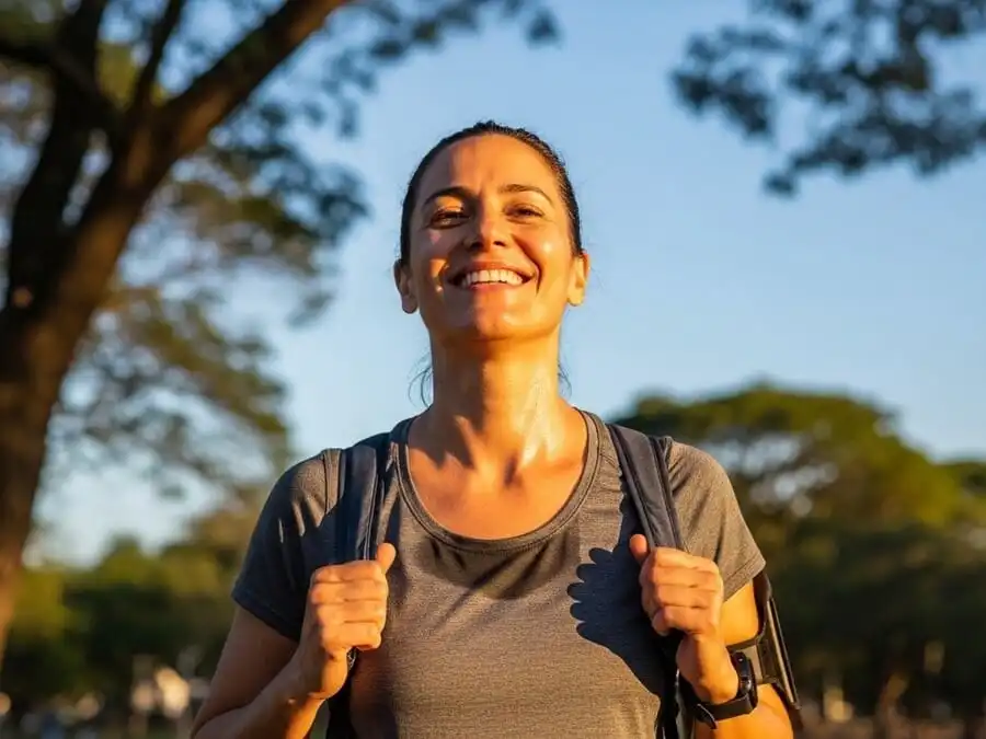 Pessoa sorrindo com bem-estar após exercício ao ar livre, luz dourada, simbolizando liberação de endorfinas e dopamina.