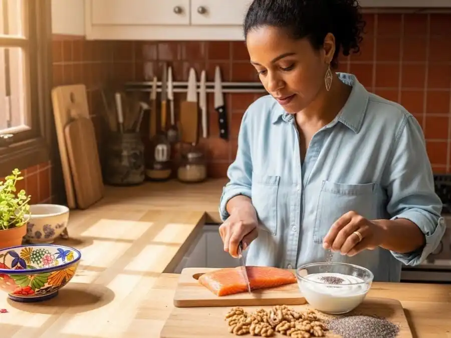 Pessoa preparando refeição com salmão, chia e nozes na cozinha brasileira, luz natural, representando mudança prática para aumentar consumo de ômega-3.