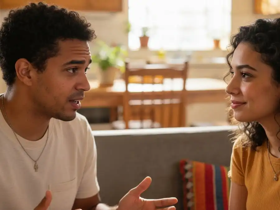 Close de conversa com escuta reflexiva: uma pessoa falando, outra validando com atenção e empatia, luz natural, representando o poder da escuta ativa.