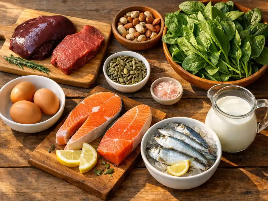 Bancada com alimentos ricos em ferro, magnésio, B12 e vitamina D (carne, castanhas, ovos, folhas verdes, leite), luz natural, mostrando fontes acessíveis segundo Harvard.