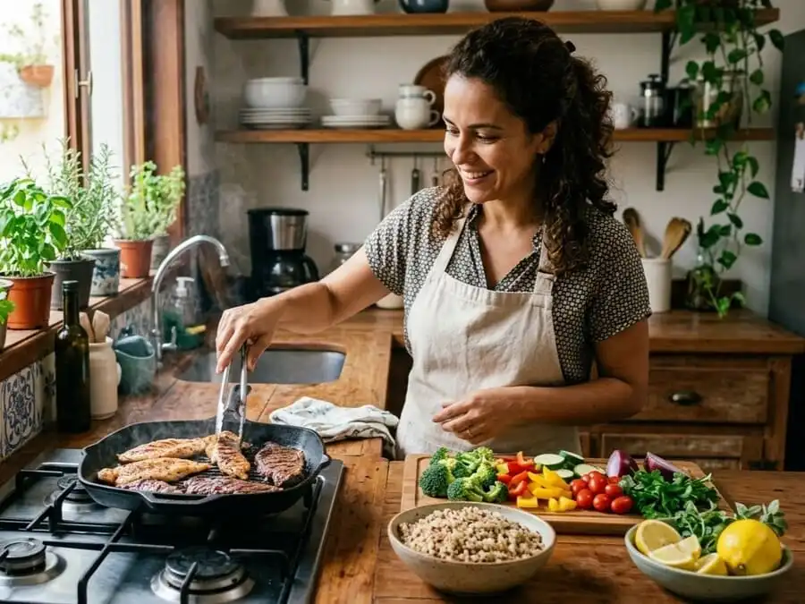 Pessoa grelhando frango e carne bovina magra com vegetais e ervas ao lado, cozinha brasileira com luz natural, representando preparo saudável e impacto real na saúde cardiovascular e metabólica.