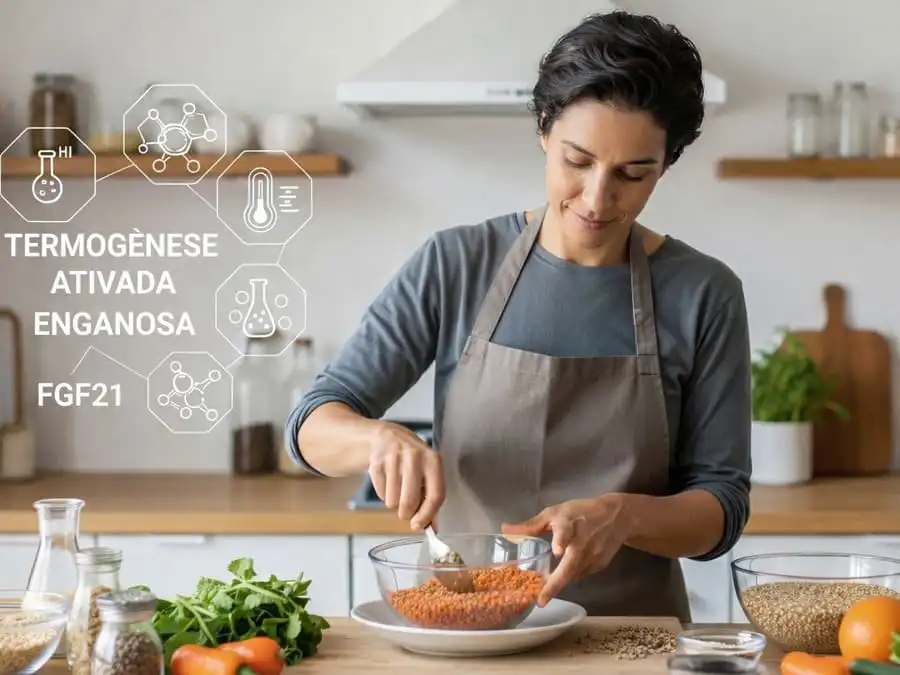 Pessoa preparando refeição com lentilhas e vegetais, fundo sutil com ícones de gordura bege e termogênese, cozinha brasileira com luz natural, ilustrando ciência da queima de gordura sem exercício.