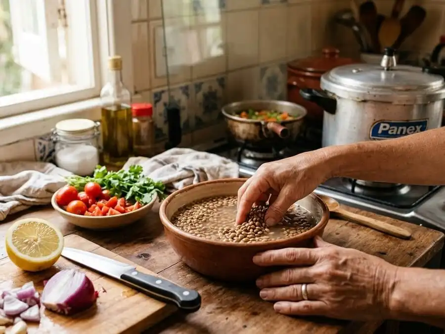 Mãos preparando lentilhas de molho com limão, tomate, alho e cebola ao lado, cozinha brasileira com luz natural, ilustrando preparo consciente para máxima absorção de ferro.