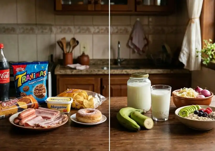Comparação lado a lado: ultraprocessados prejudiciais vs alimentos protetores (probióticos, fibras, fermentados), cozinha brasileira com luz natural, ilustrando equilíbrio da microbiota intestinal.