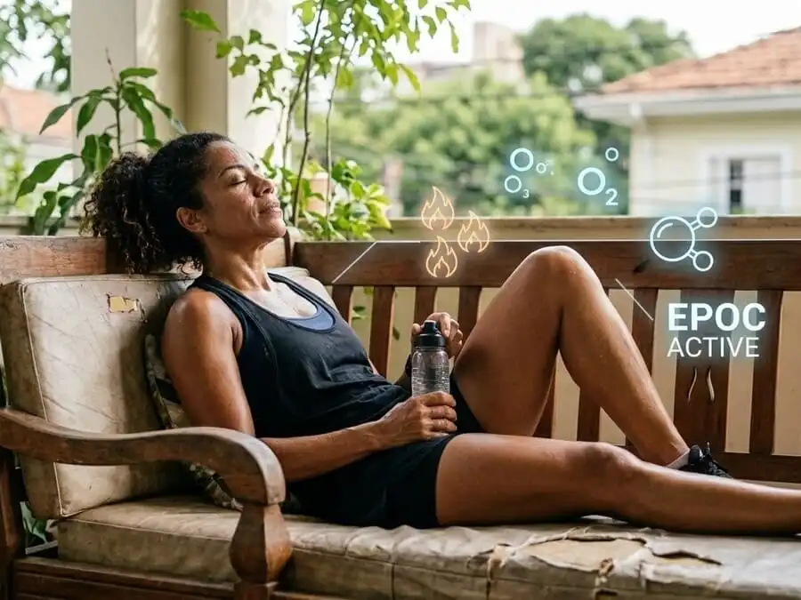 Pessoa relaxada no sofá após HIIT, fundo sutil com ícones de afterburn e EPOC, sala brasileira com luz natural, representando queima de gordura pós-treino em repouso.