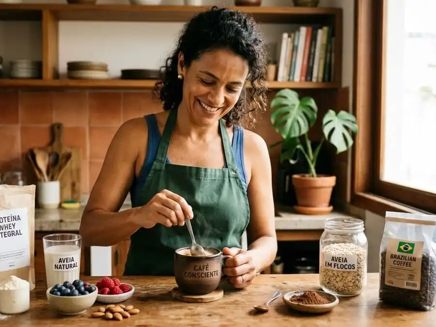 Pessoa preparando ou bebendo café proteico com whey e ingredientes naturais, cozinha brasileira com luz natural, representando benefícios reais (saciedade, energia) e uso consciente.