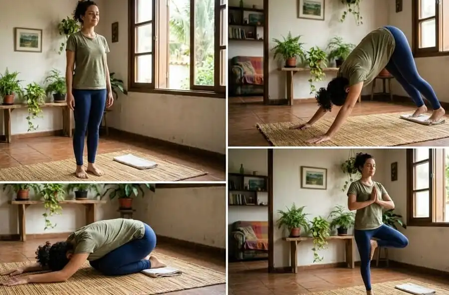 Pessoa realizando posturas de yoga para iniciantes (montanha, cachorro olhando para baixo, criança, árvore), sala/quintal brasileiro com luz natural, representando simplicidade, alinhamento e acessibilidade da prática.