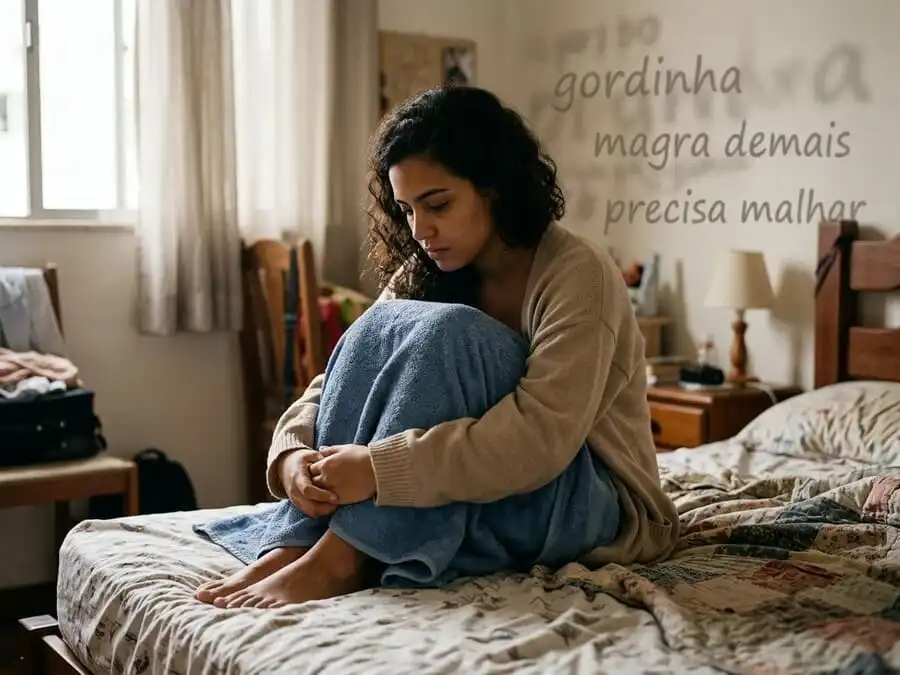 Mulher cobrindo corpo com roupa larga, expressão de vergonha, fundo sutil com palavras de comentários corporais, quarto brasileiro com luz suave, representando vergonha internalizada e impacto psicológico duradouro.