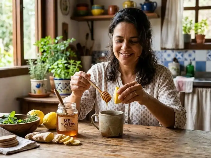 Pessoa adicionando mel em chá com limão ou aplicando em ferida, cozinha brasileira com luz natural, representando uso prático e benefícios reais do mel para imunidade e cicatrização.