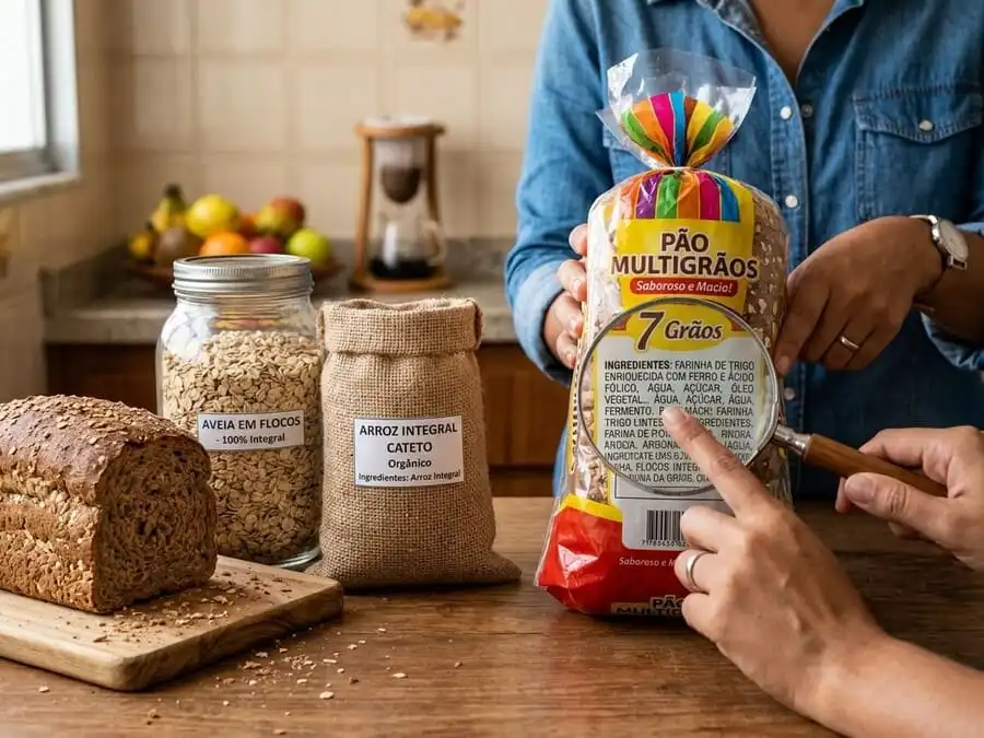Produtos integrais emagrecem. Close de bancada com pão integral verdadeiro, aveia e arroz integral vs produto ‘multigrãos’ enganoso, dedo apontando rótulo, cozinha brasileira com luz natural, representando como identificar integrais reais e evitar armadilhas.