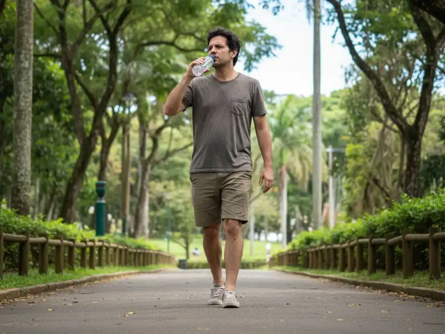 Pessoa caminhando devagar em parque com ressaca leve, garrafa d’água na mão, luz natural, representando recuperação ativa.