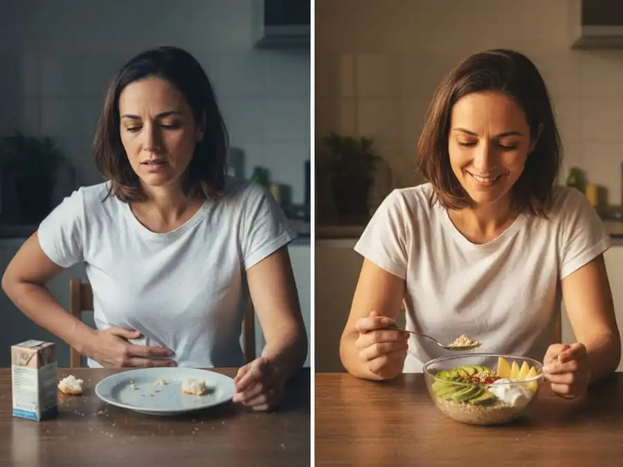Comparação antes e depois: fome rápida após refeição simples vs saciedade prolongada com alimentos ricos em fibras e gorduras boas.