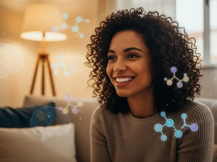 Pessoa com expressão de felicidade e conexão, fundo sutil com ícones de neurociência (dopamina, oxitocina), luz natural, ilustrando ciência do amor e química cerebral.