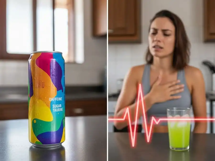 Lata de energético com rótulo destacando cafeína, açúcar e taurina, fundo com pessoa tocando o peito, luz natural, ilustrando riscos cardiovasculares e colaterais.