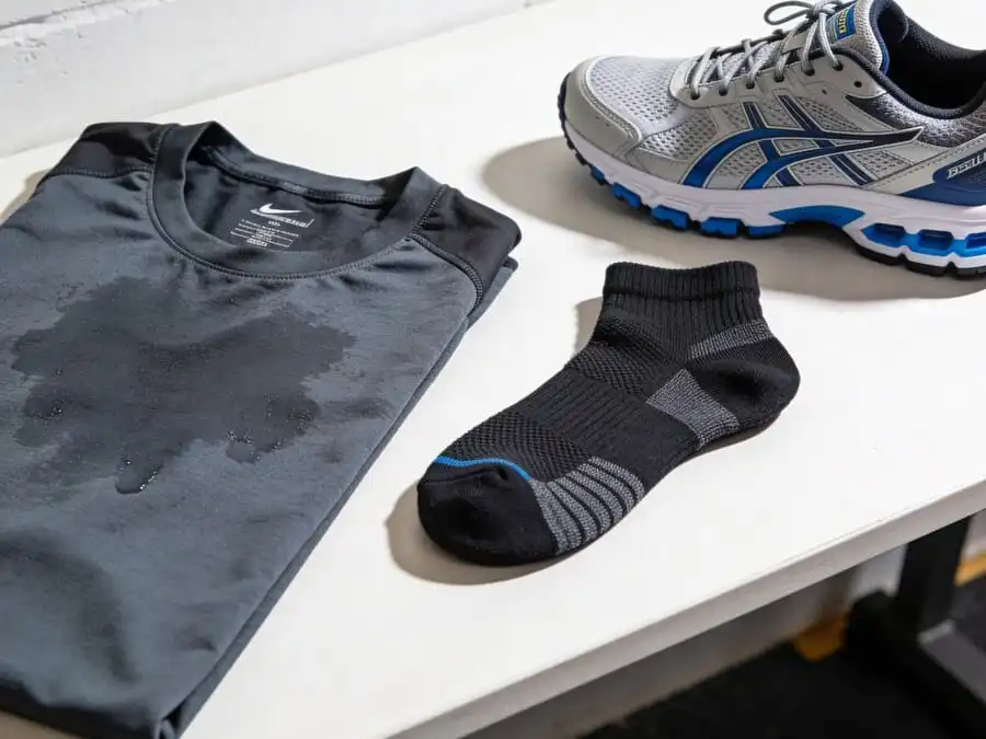 Close de tecido respirável seco, tênis adequado e meia técnica, luz natural, ilustrando escolhas inteligentes para exercício.