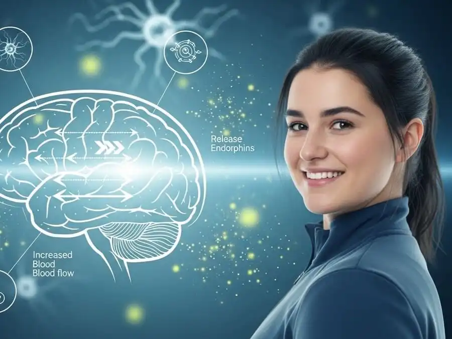 Pessoa com clareza mental após exercício, com elementos científicos sutis representando endorfinas, dopamina e crescimento neuronal.