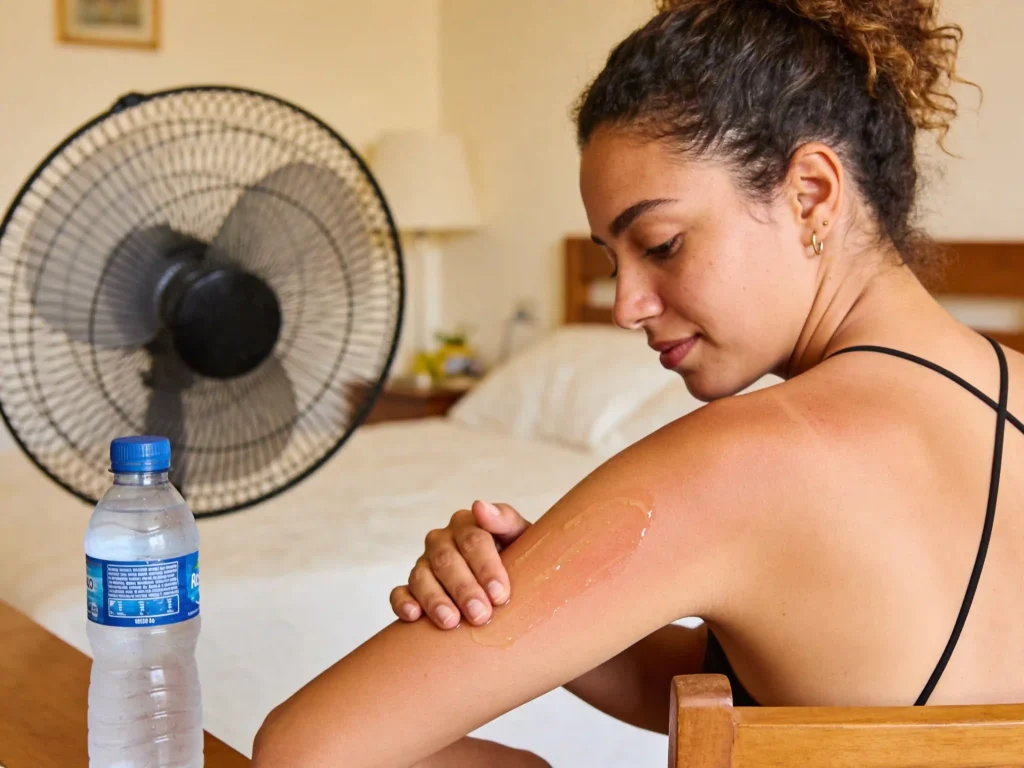 Pessoa aplicando aloe vera na pele queimada de sol, compressa fria e água ao lado, luz natural, representando cuidados práticos e eficazes.