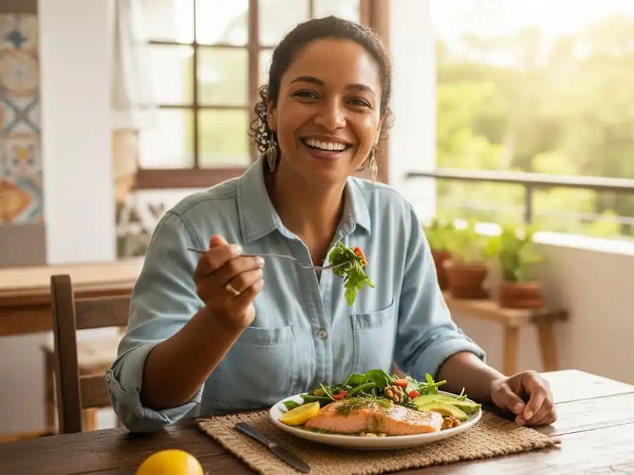 Pessoa com energia renovada comendo refeição rica em ômega-3, luz natural suave, simbolizando bem-estar após correção do consumo insuficiente.