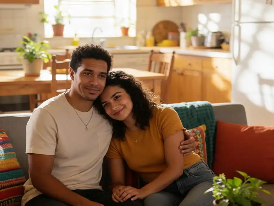 Duas pessoas conectadas emocionalmente após conversa profunda, abraço ou proximidade, luz dourada do fim de tarde, simbolizando pertencimento e amor percebido.