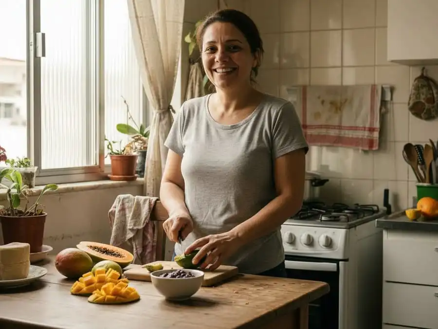 Pessoa com energia renovada após alimentação rica em vitaminas para energia, luz natural, simbolizando bem-estar segundo Harvard.