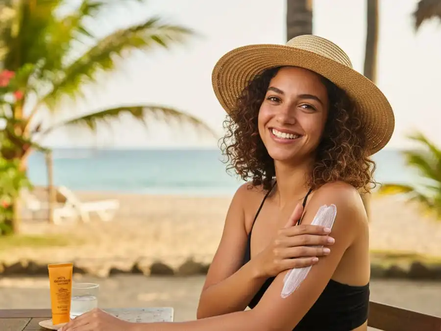 Pessoa com pele recuperada aplicando protetor solar ou usando chapéu, luz natural suave, simbolizando prevenção e saúde após queimadura de sol.