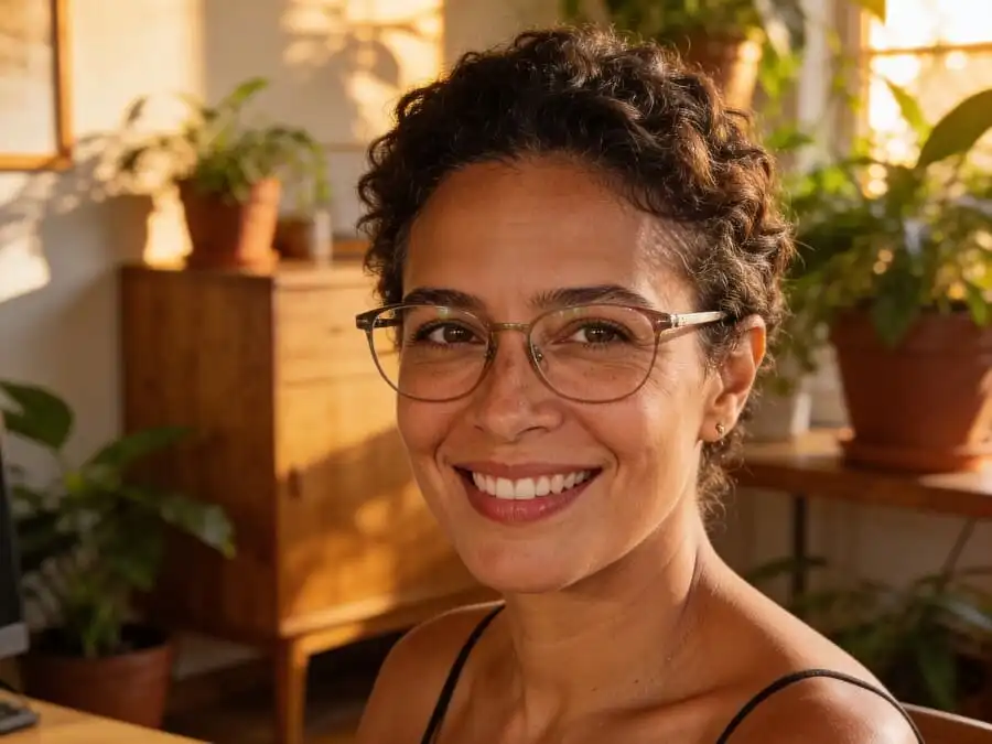 Pessoa com óculos limpos e visão clara, sorrindo com bem-estar, luz natural suave, simbolizando benefícios da manutenção e troca correta.