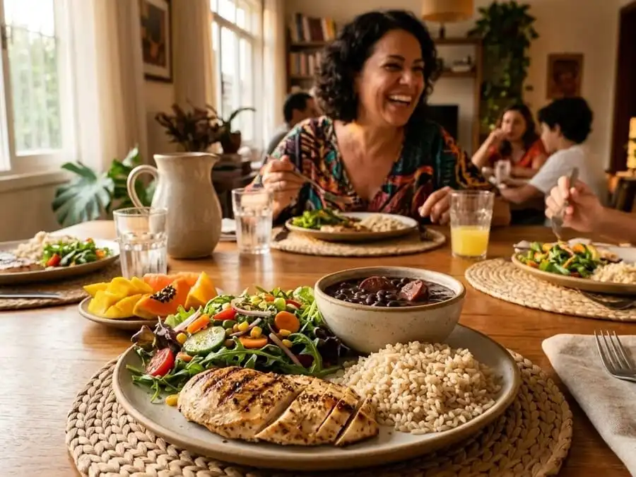 Refeição equilibrada com proteína magra (frango ou carne bovina), vegetais, grãos e frutas, mesa familiar brasileira, luz dourada do fim de tarde, simbolizando escolha consciente e saúde metabólica preservada.