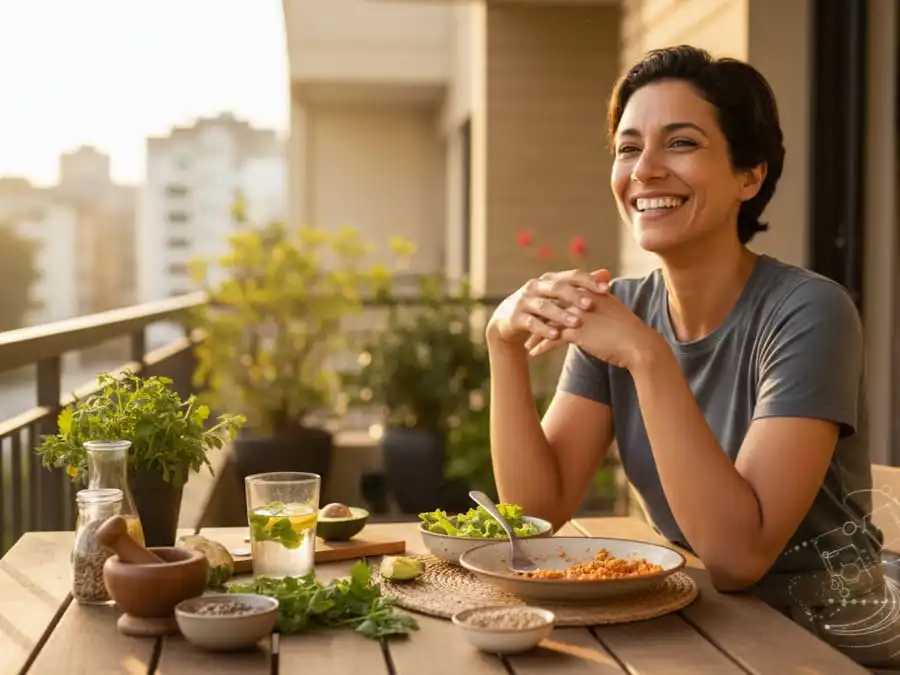 Pessoa com energia e sorriso após refeição plant-based, luz dourada do fim de tarde em cozinha/varanda brasileira, simbolizando transformação real e queima de gordura ativada pela dieta.