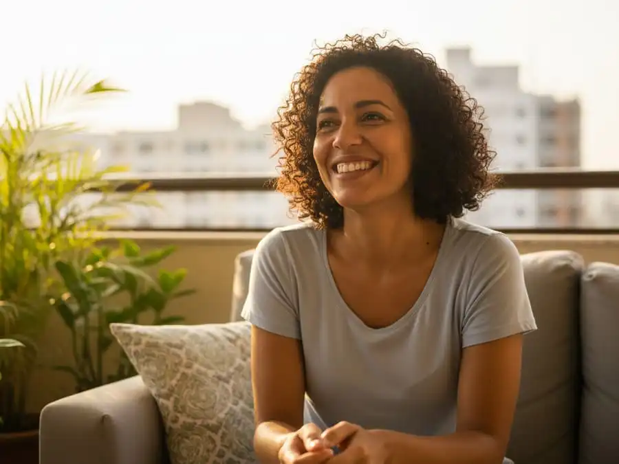 falar sozinho. Pessoa sorrindo com calma e confiança após momento de autoconversa positiva, varanda ou sofá brasileiro, luz dourada do fim de tarde, simbolizando saúde mental fortalecida pelo diálogo interno.