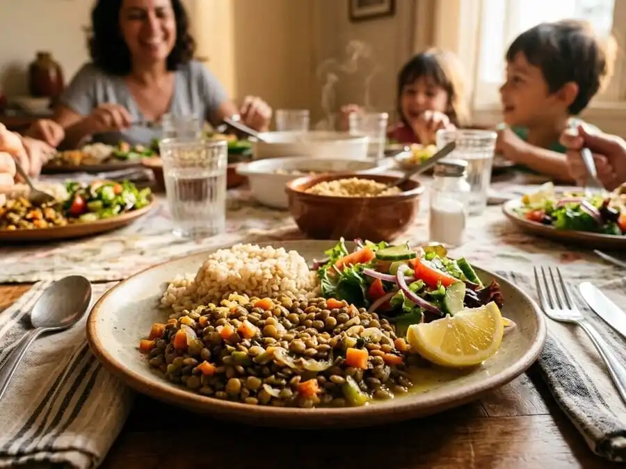 Benefícios da Lentilha Prato apetitoso de lentilhas cozidas com legumes, arroz e limão, mesa familiar brasileira, luz dourada do fim de tarde, simbolizando refeição nutritiva, acessível e deliciosa.
