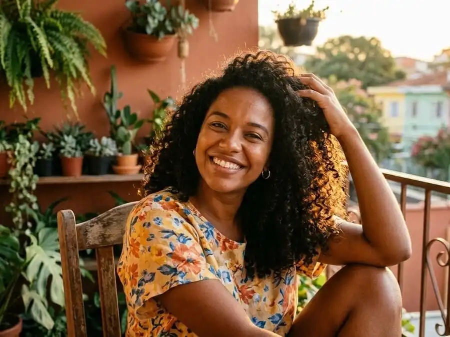 Pessoa sorrindo com confiança passando a mão por cabelos longos e saudáveis, luz dourada do fim de tarde em ambiente brasileiro, simbolizando resultado real do cuidado capilar consistente.