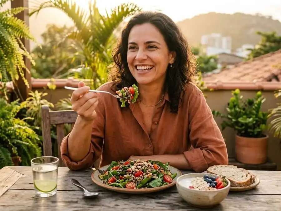 Pessoa sorrindo com conforto após refeição rica em fibras e probióticos, luz dourada do fim de tarde em cozinha/varanda brasileira, simbolizando saúde intestinal restaurada e bem-estar geral.
