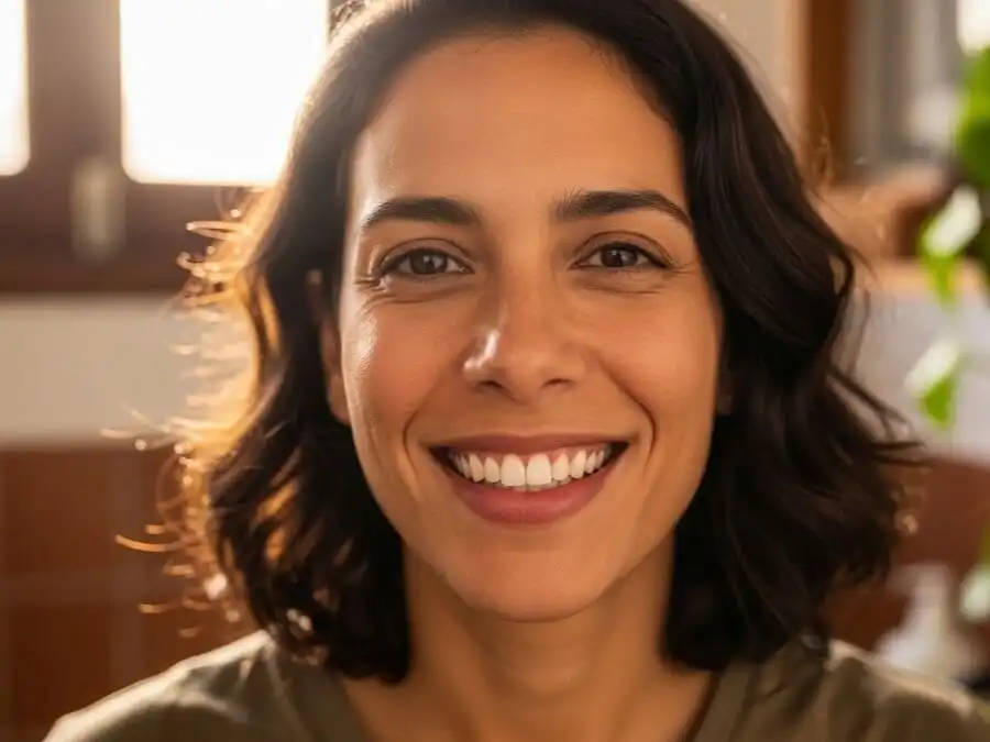 Pessoa sorrindo com dentes limpos e saudáveis após escovação cuidadosa, luz natural suave, simbolizando benefícios da higiene bucal lenta e consciente.