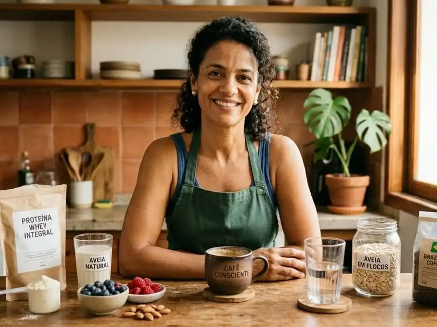Pessoa com energia equilibrada e sorriso após café proteico ou tradicional, varanda/cozinha brasileira com luz dourada da manhã, simbolizando escolha inteligente e uso consciente da tendência.