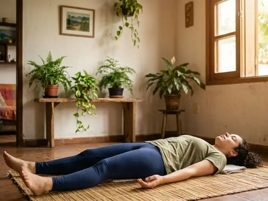 Pessoa deitada em savasana com expressão de paz profunda, luz dourada do fim de tarde entrando pela janela em sala brasileira, simbolizando alívio, relaxamento e transformação gentil da prática de yoga para iniciantes.