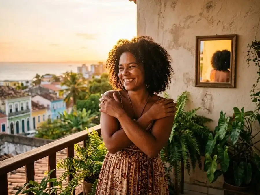 Mulher sorrindo com confiança olhando-se no espelho ou abraçando-se, luz dourada do fim de tarde em quarto/varanda brasileira, simbolizando resiliência, aceitação corporal e autoestima fortalecida.