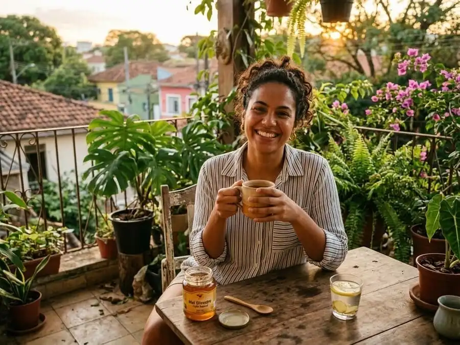 Pessoa sorrindo com conforto e energia após uso de mel, luz dourada do fim de tarde em varanda/cozinha brasileira, simbolizando recuperação acelerada e bem-estar natural.